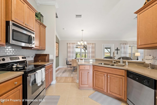 kitchen featuring sink, stainless steel appliances, backsplash, crown molding, and a chandelier