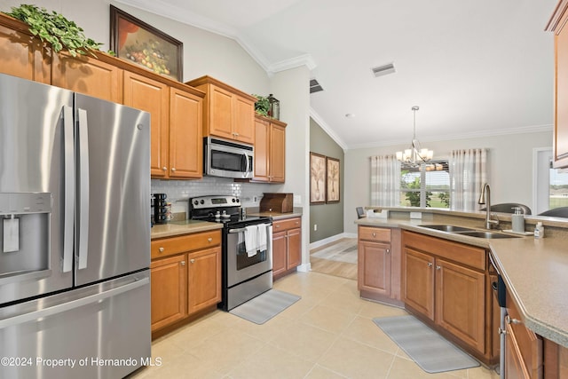 kitchen with sink, stainless steel appliances, crown molding, a chandelier, and lofted ceiling