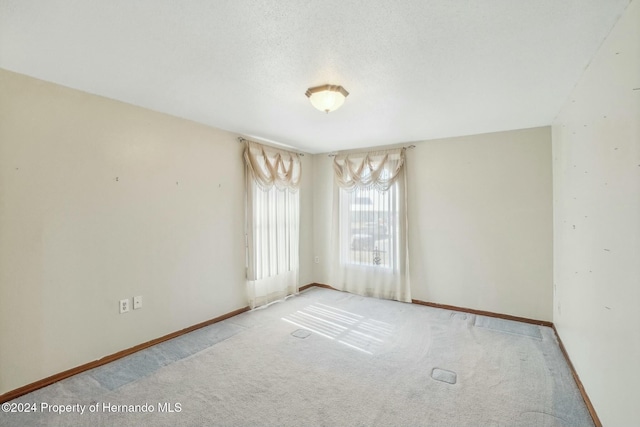 unfurnished room featuring light carpet and a textured ceiling