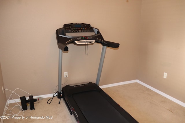 workout area featuring light colored carpet