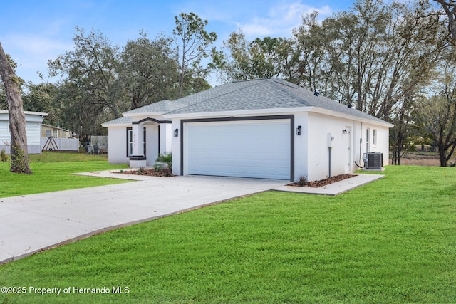 ranch-style house with roof with shingles, central air condition unit, stucco siding, a front yard, and a garage