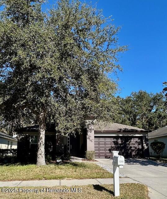 view of property hidden behind natural elements featuring a garage and concrete driveway