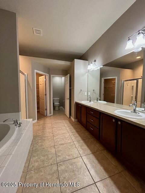 full bathroom featuring a garden tub, a stall shower, and a sink