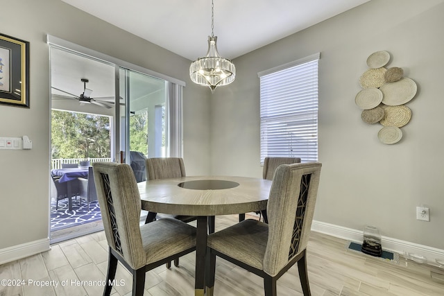 dining room with light hardwood / wood-style flooring and ceiling fan with notable chandelier