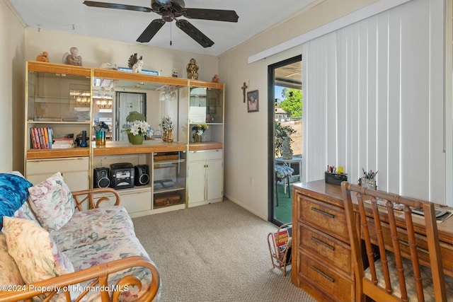 carpeted office space featuring ceiling fan