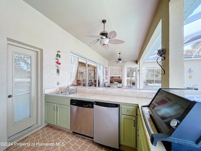 view of patio featuring ceiling fan, area for grilling, and sink