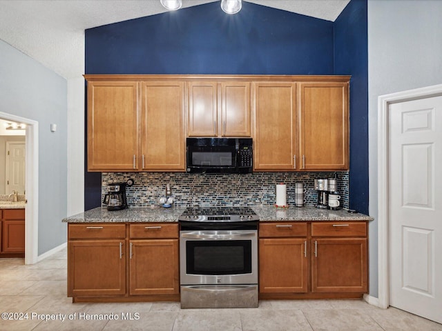 kitchen with a textured ceiling, light stone countertops, stainless steel range with electric cooktop, and vaulted ceiling