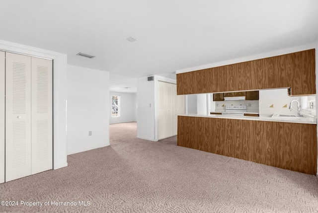 kitchen with carpet flooring, kitchen peninsula, sink, and electric stove