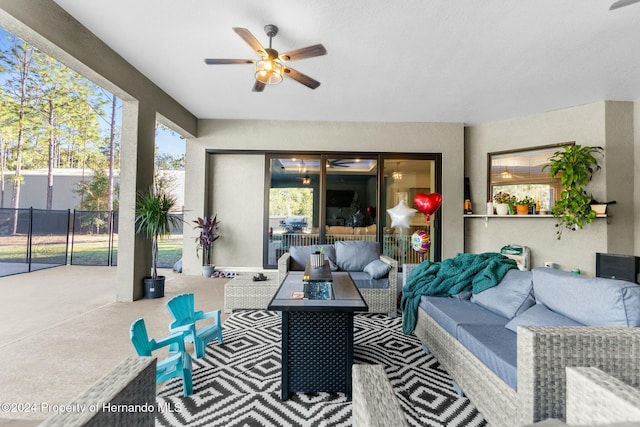 interior space featuring ceiling fan