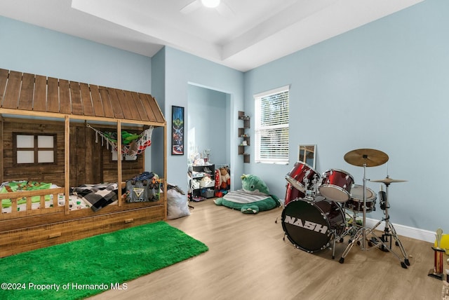 rec room with a raised ceiling, ceiling fan, and hardwood / wood-style floors