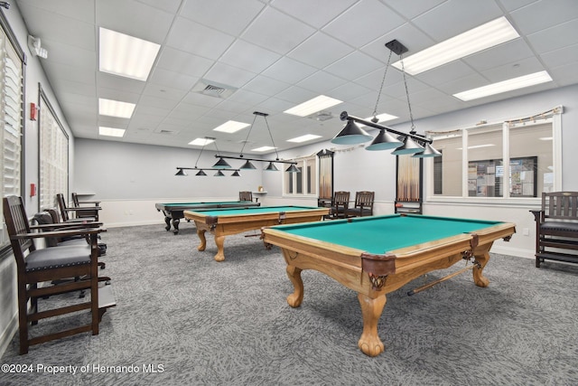 recreation room featuring a paneled ceiling, carpet, and billiards