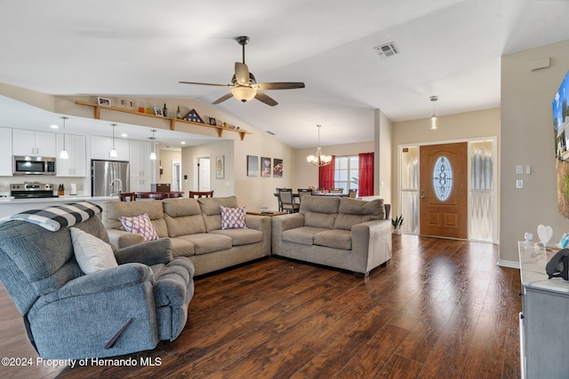 living room featuring ceiling fan with notable chandelier, sink, lofted ceiling, and dark wood-type flooring