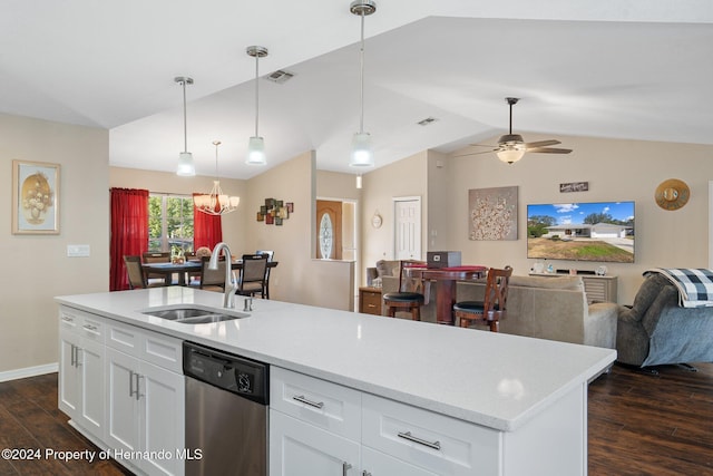 kitchen with white cabinetry, sink, stainless steel dishwasher, dark hardwood / wood-style floors, and ceiling fan with notable chandelier