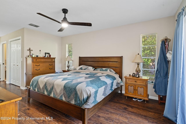 bedroom featuring ceiling fan, a closet, and dark wood-type flooring