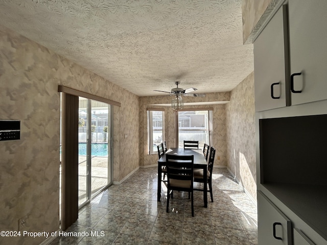 dining space featuring a wealth of natural light, ceiling fan, and a textured ceiling