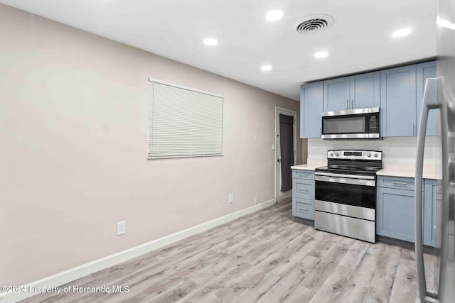 kitchen featuring decorative backsplash, appliances with stainless steel finishes, and light hardwood / wood-style floors