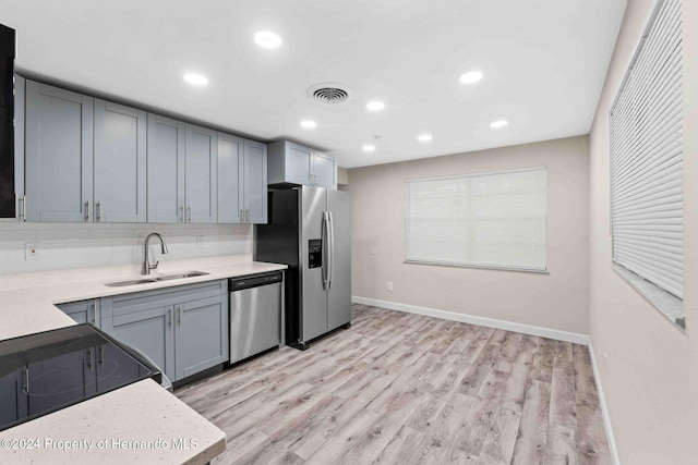 kitchen with decorative backsplash, stainless steel appliances, sink, light hardwood / wood-style flooring, and gray cabinets