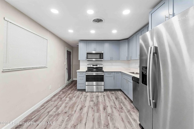 kitchen featuring appliances with stainless steel finishes, light hardwood / wood-style flooring, and gray cabinetry