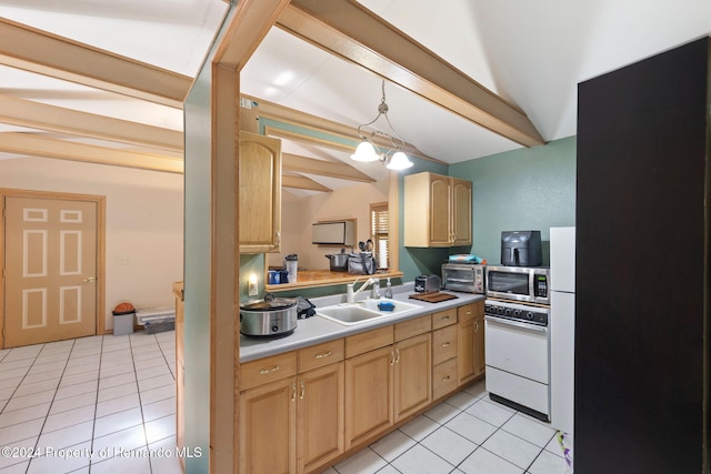 kitchen featuring white appliances, light brown cabinetry, vaulted ceiling with beams, and pendant lighting