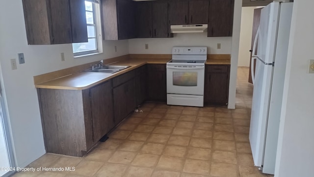 kitchen featuring white appliances, dark brown cabinetry, and sink