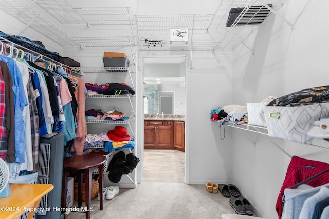 walk in closet with light colored carpet