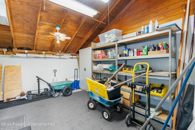 storage area featuring ceiling fan