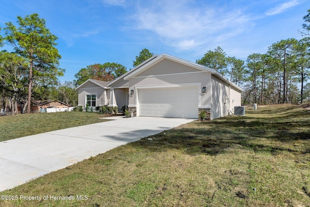 single story home with a front yard, driveway, central AC, stone siding, and a garage