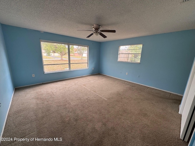 carpeted empty room featuring a wealth of natural light, ceiling fan, and a textured ceiling