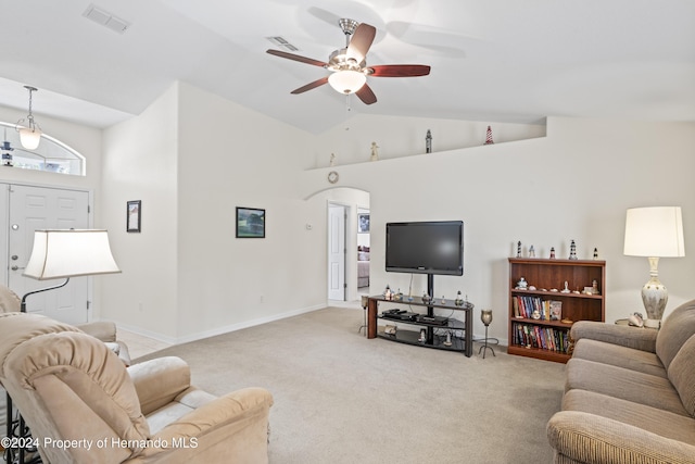 living room with light carpet, ceiling fan, and high vaulted ceiling