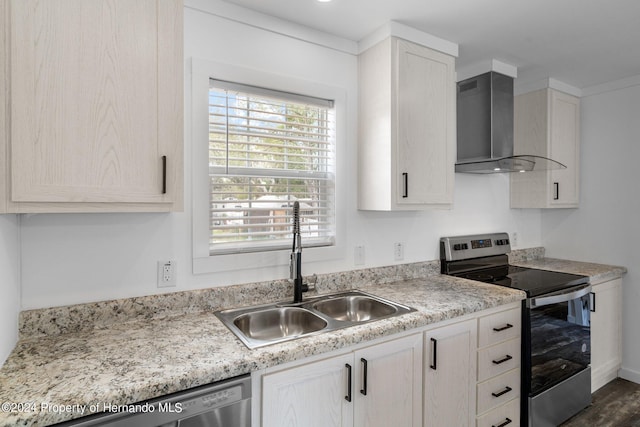 kitchen with sink, wall chimney range hood, stainless steel appliances, and dark wood-type flooring