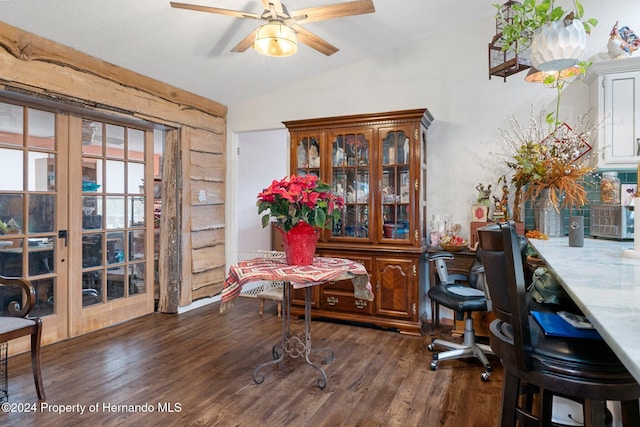 office featuring lofted ceiling, ceiling fan, and dark hardwood / wood-style floors