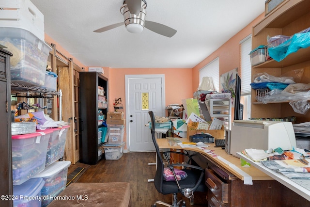 office space featuring ceiling fan and dark wood-type flooring