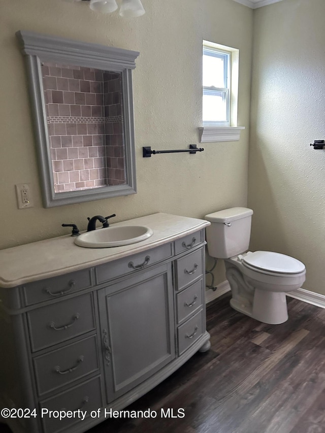 bathroom with hardwood / wood-style flooring, vanity, and toilet