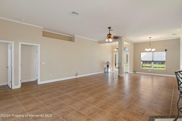 unfurnished living room featuring tile patterned floors, ceiling fan with notable chandelier, and ornamental molding