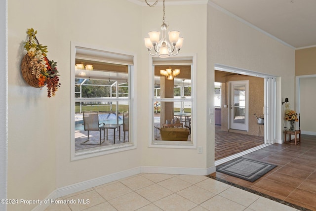 doorway with crown molding, tile patterned flooring, and a chandelier