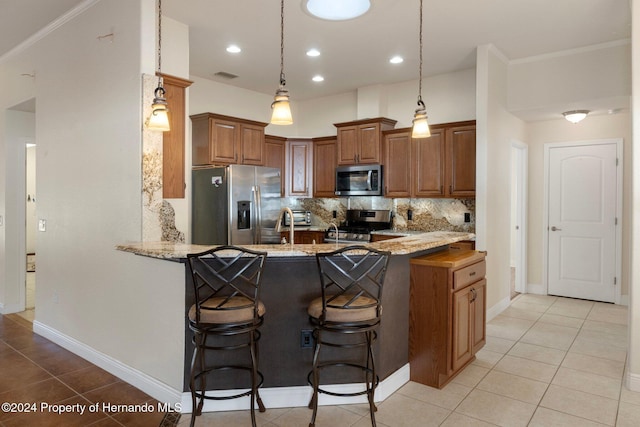 kitchen featuring kitchen peninsula, decorative backsplash, stainless steel appliances, and light stone countertops