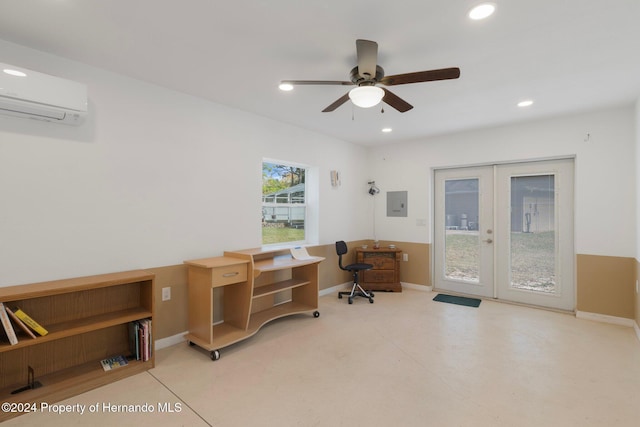 office area with french doors, electric panel, a wall mounted AC, and ceiling fan