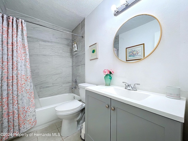 full bathroom with vanity, shower / bath combo, tile patterned flooring, toilet, and a textured ceiling