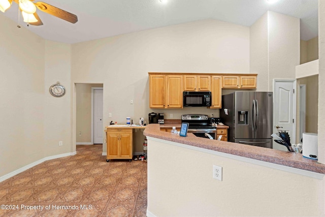 kitchen featuring ceiling fan, high vaulted ceiling, kitchen peninsula, light brown cabinetry, and appliances with stainless steel finishes