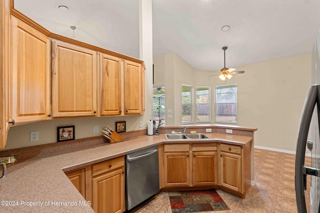 kitchen featuring kitchen peninsula, ceiling fan, sink, dishwasher, and light tile patterned flooring