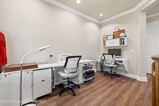 office area featuring wood-type flooring and crown molding