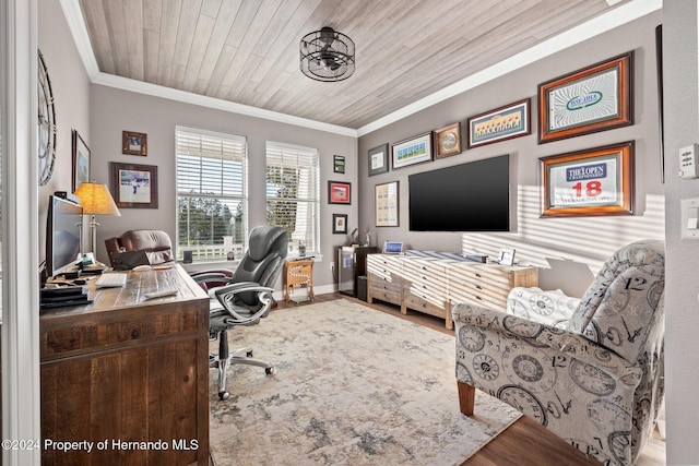 office area with crown molding, wooden ceiling, and wood-type flooring