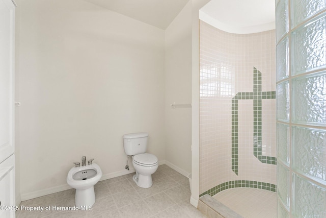 bathroom with a bidet, toilet, and walk in shower