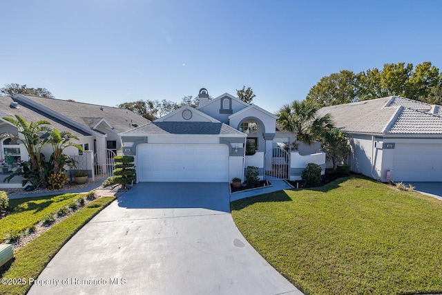 ranch-style house with a front yard and a garage