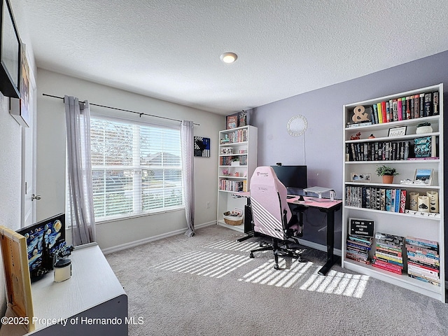 home office with light colored carpet and a textured ceiling