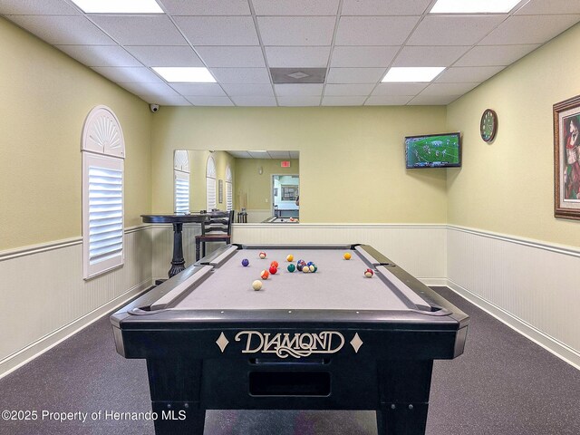 3337 Autumn Amber Dr, Spring Hill, FL 34609 - playroom featuring a wainscoted wall, a paneled ceiling, pool table, and carpet floors