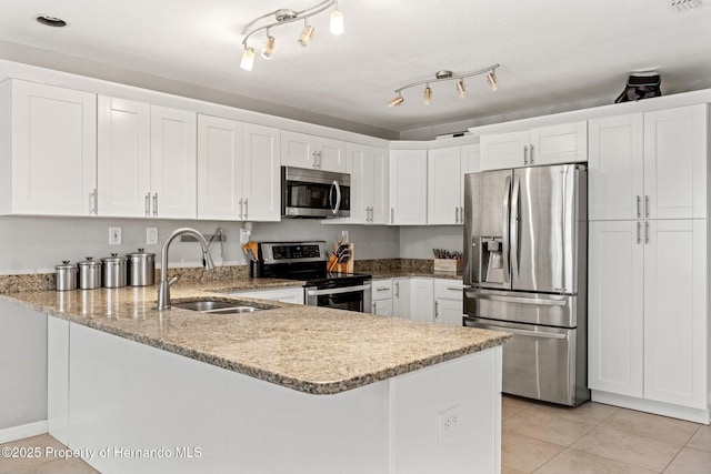 37351 Neighbors Path, Zephyrhills, FL 33542 - kitchen featuring sink, stainless steel appliances, white cabinets, and kitchen peninsula