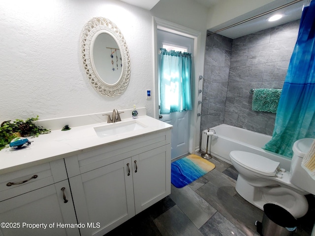 full bathroom featuring hardwood / wood-style floors, vanity, toilet, and shower / bathtub combination with curtain