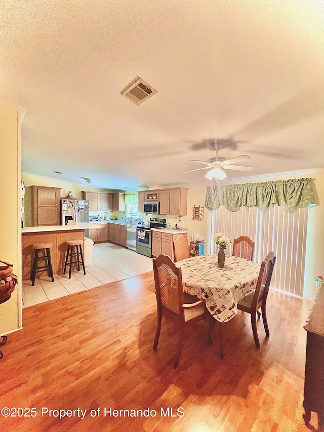 dining space with light hardwood / wood-style flooring and ceiling fan