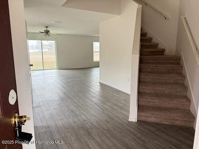 stairway with ceiling fan and wood-type flooring